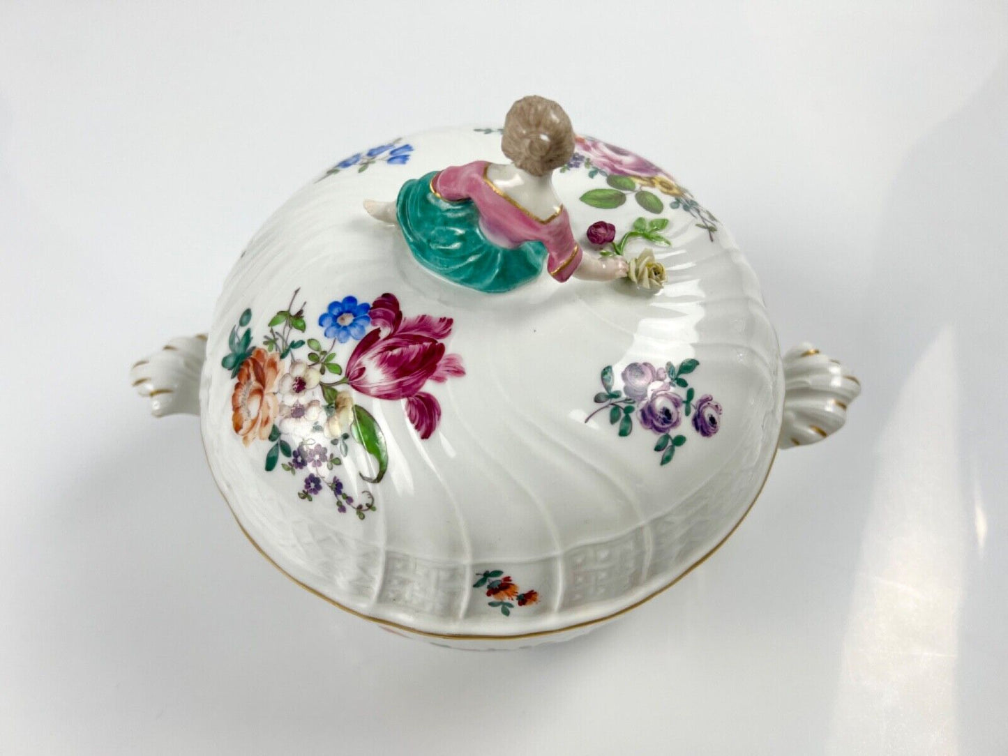 A Meissen Academic Dot Period figural and asparagus handled moulded tureen c1770