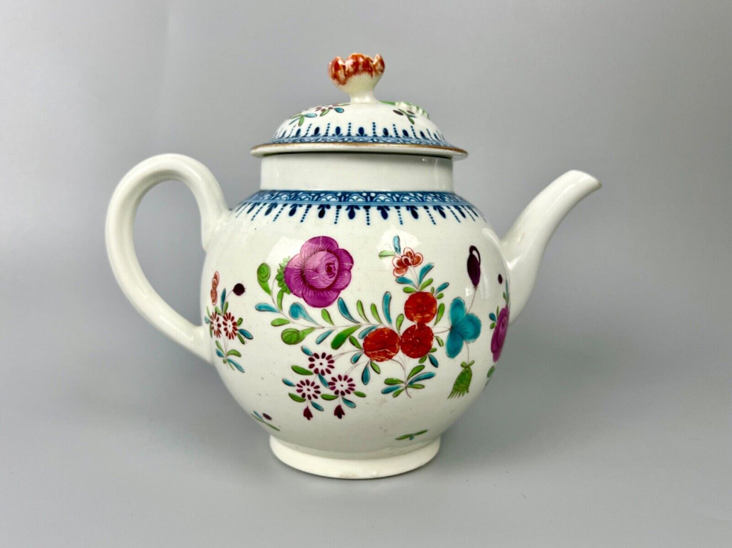 A Worcester polychrome teapot in a Harvest Bug variant pattern. c.1770