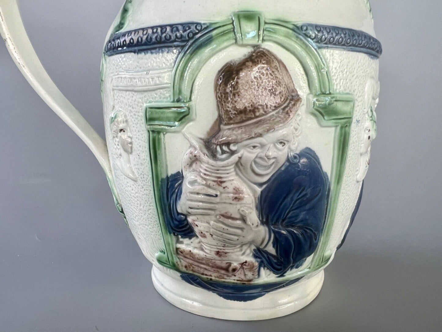 A c1790 Shakespear-Miser-Spendthrift jug in high temperature 'Pratt' colours