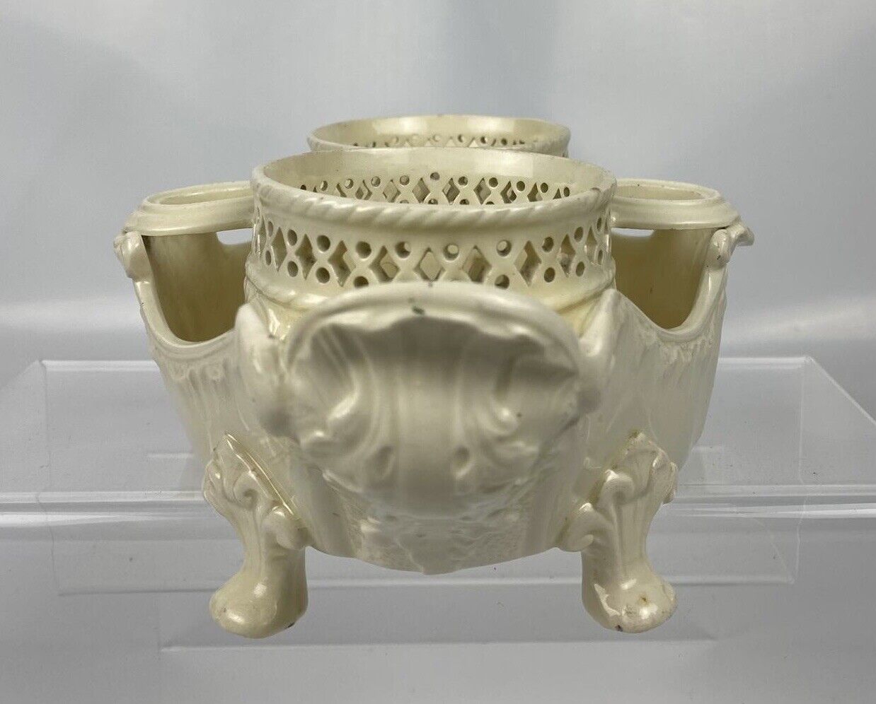 Continental creamware oil and vinegar cruet with relief decoration. c.1790-1810
