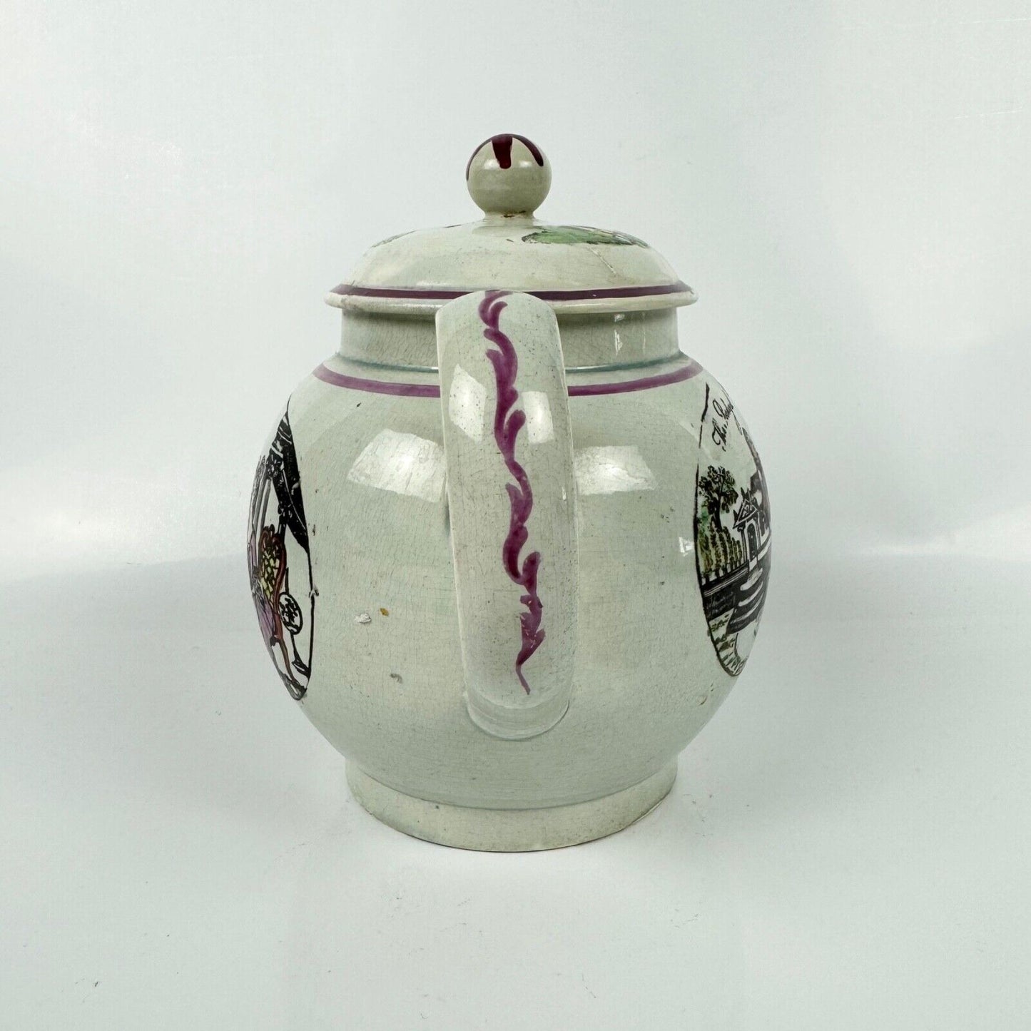 A Staffordshire c1790 " Prodigal Son" pearlware globular teapot.