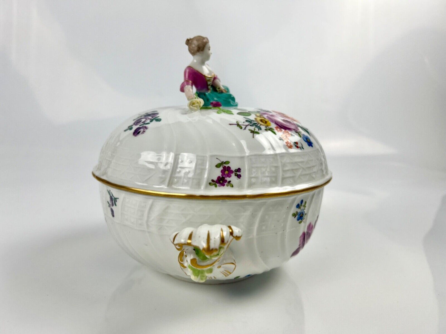 A Meissen Academic Dot Period figural and asparagus handled moulded tureen c1770