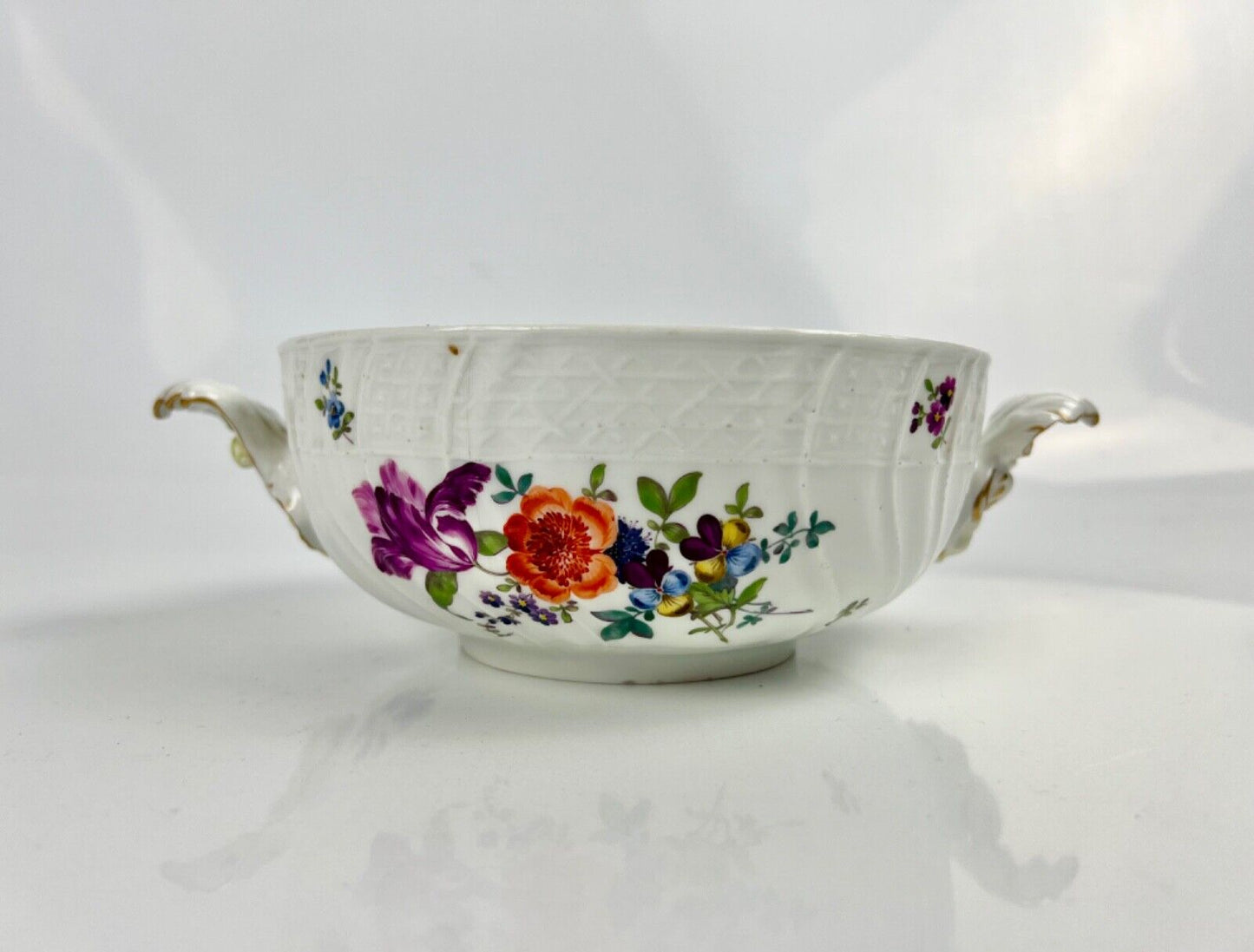 A Meissen Academic Dot Period figural and asparagus handled moulded tureen c1770