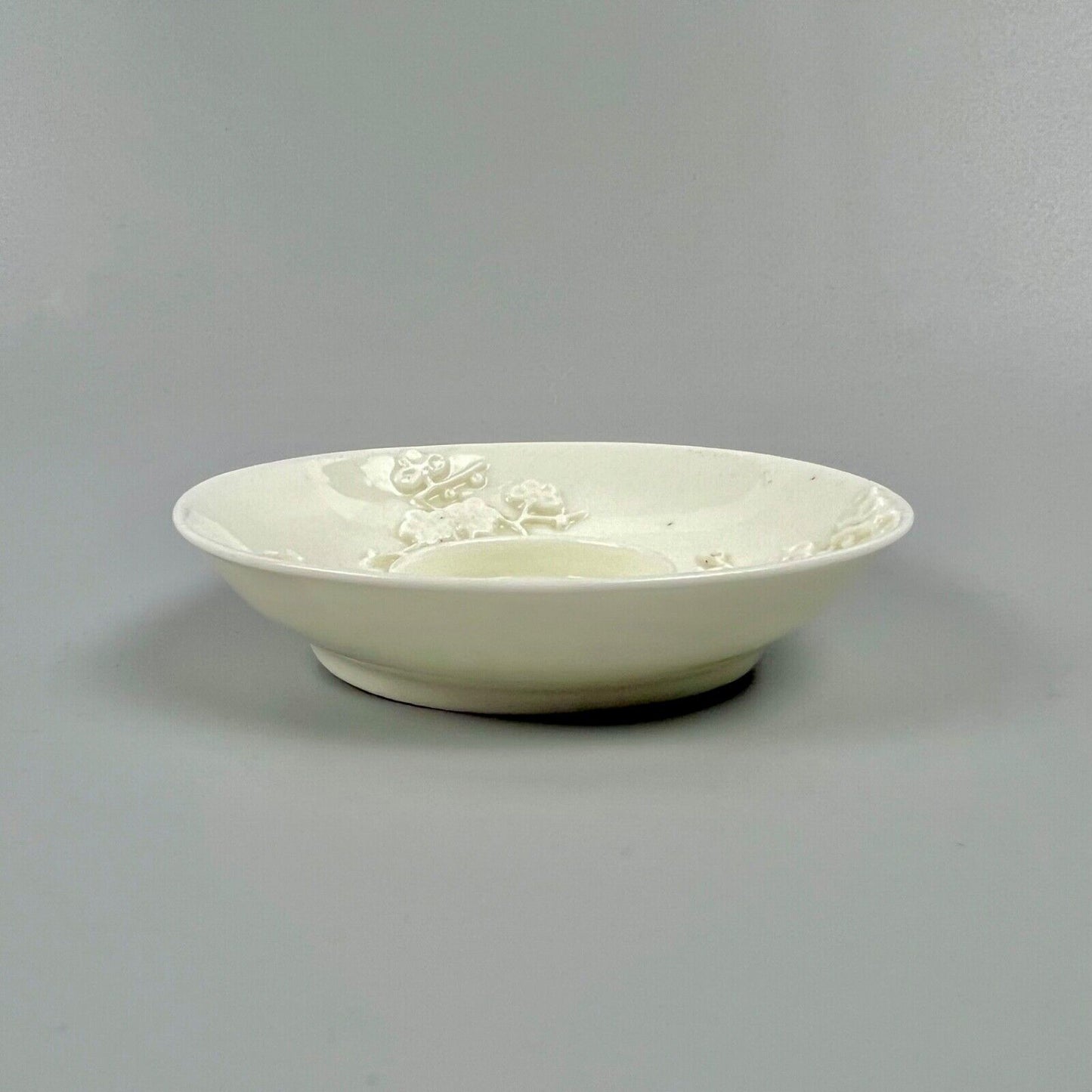 A rare St Cloud trembleuse saucer with prunus relief-moulding c.1735