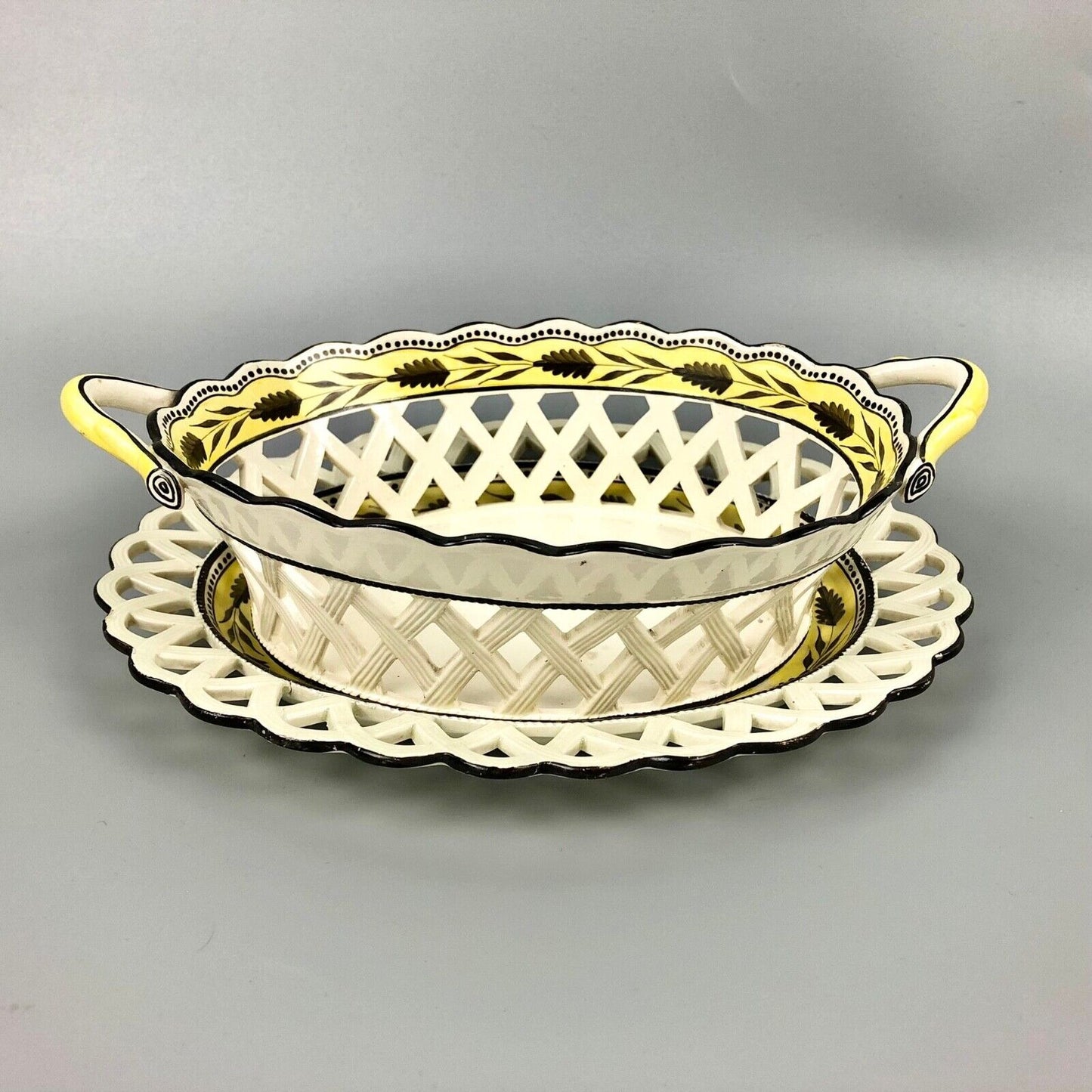 Ex-Bowes Museum Davenport enamelled creamware basket and cover. c.1805