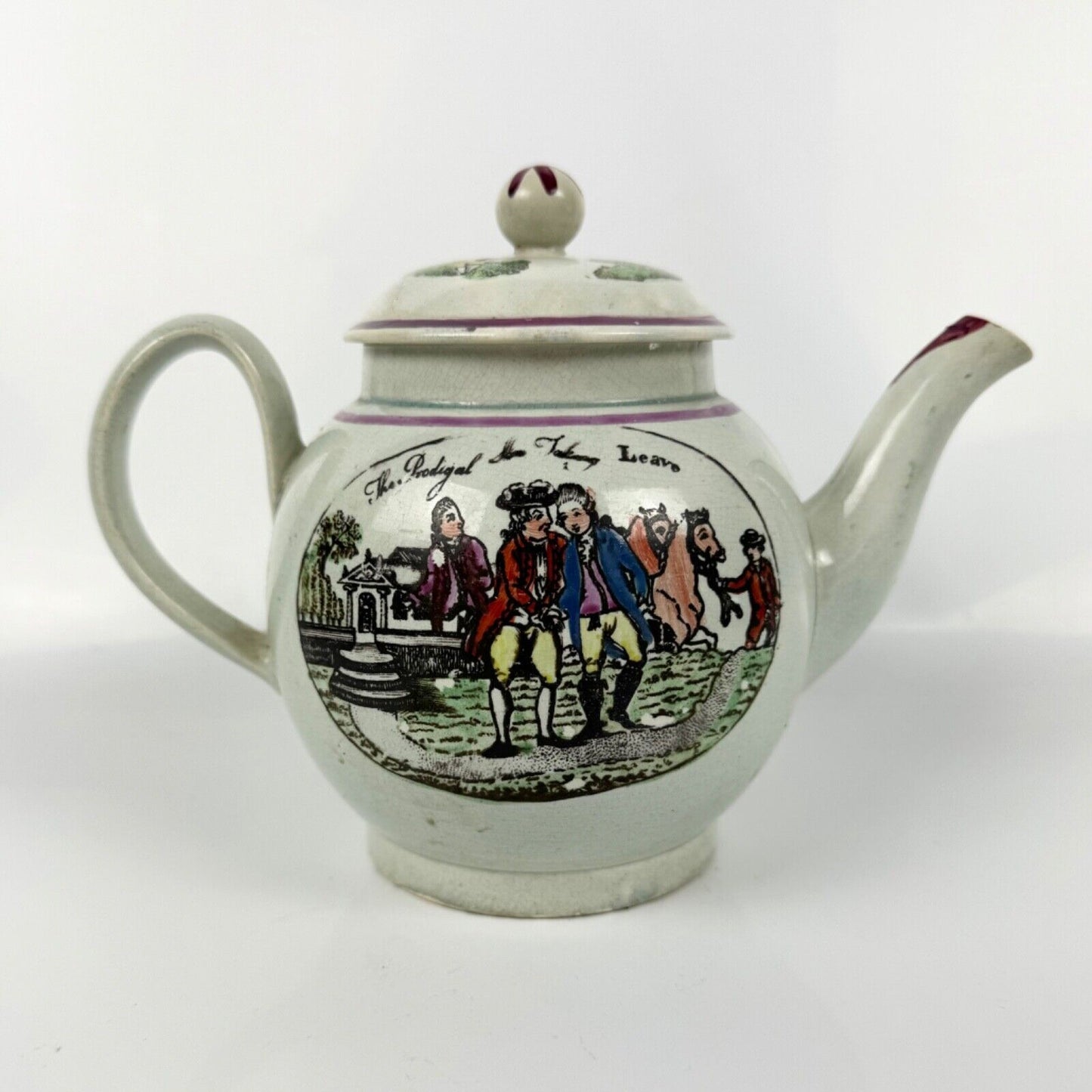 A Staffordshire c1790 " Prodigal Son" pearlware globular teapot.