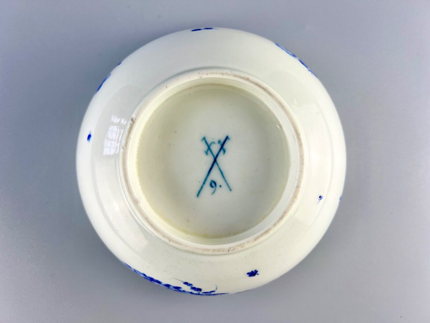 A James Giles decorated dry blue enamelled slop bowl. Mock Meissen mark c.1770