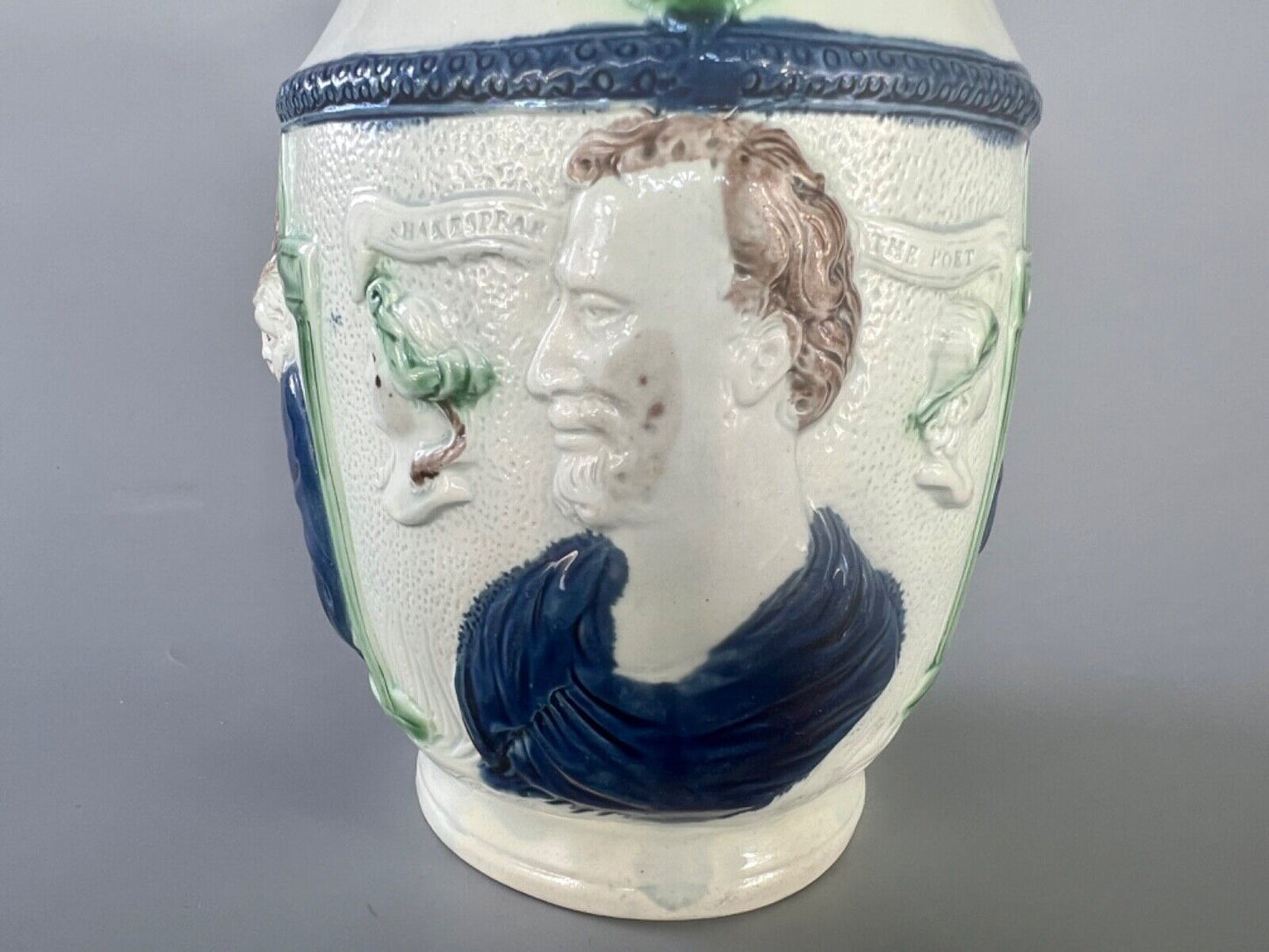 A c1790 Shakespear-Miser-Spendthrift jug in high temperature 'Pratt' colours