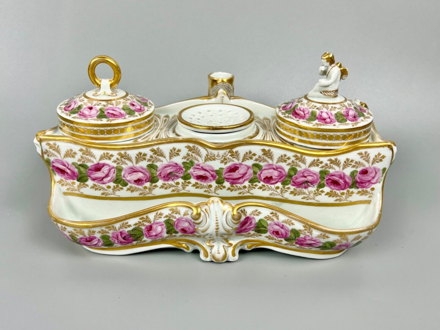 A Flight, Barr & Barr, Worcester, inkstand painted with roses c.1810-3
