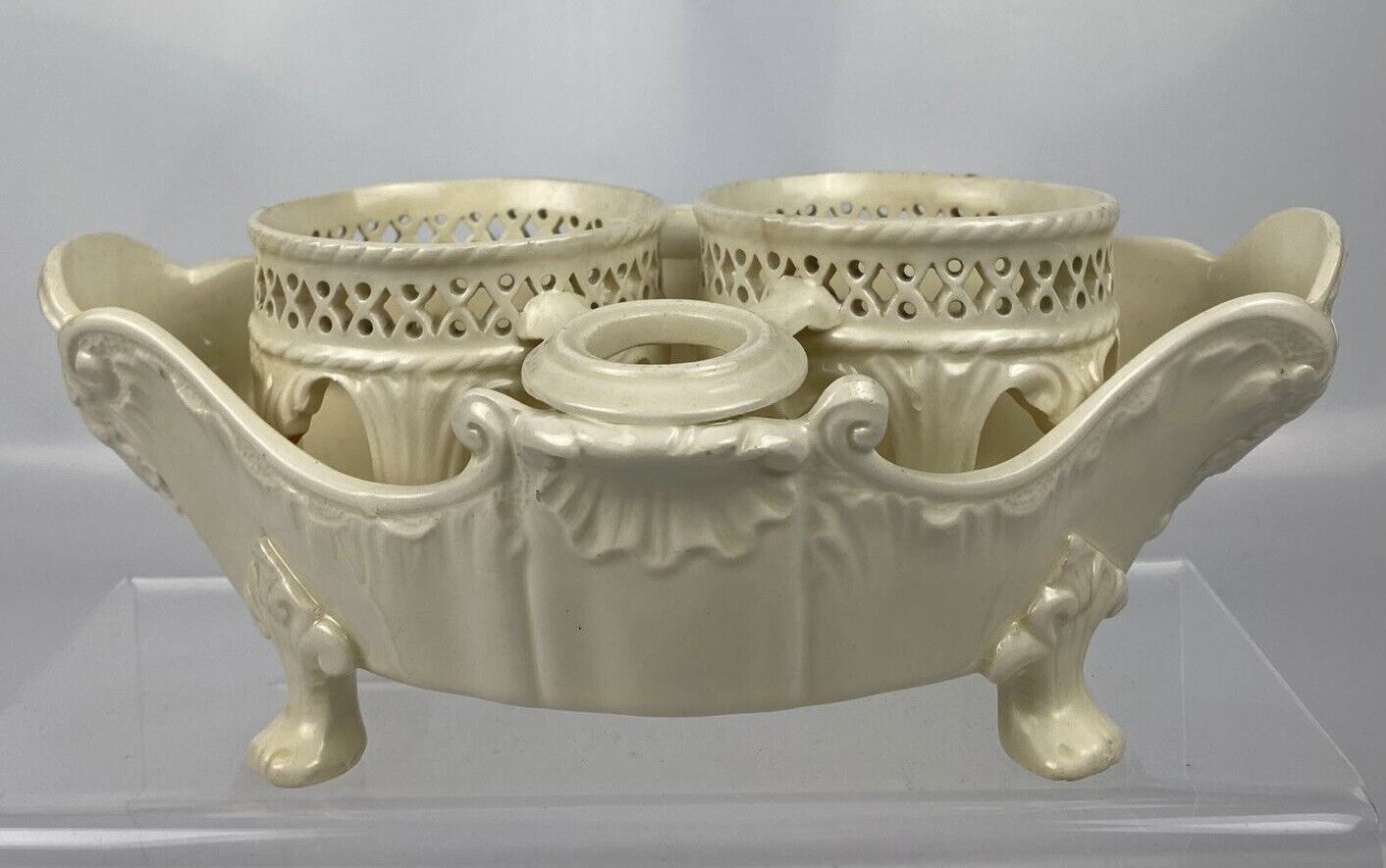 Continental creamware oil and vinegar cruet with relief decoration. c.1790-1810