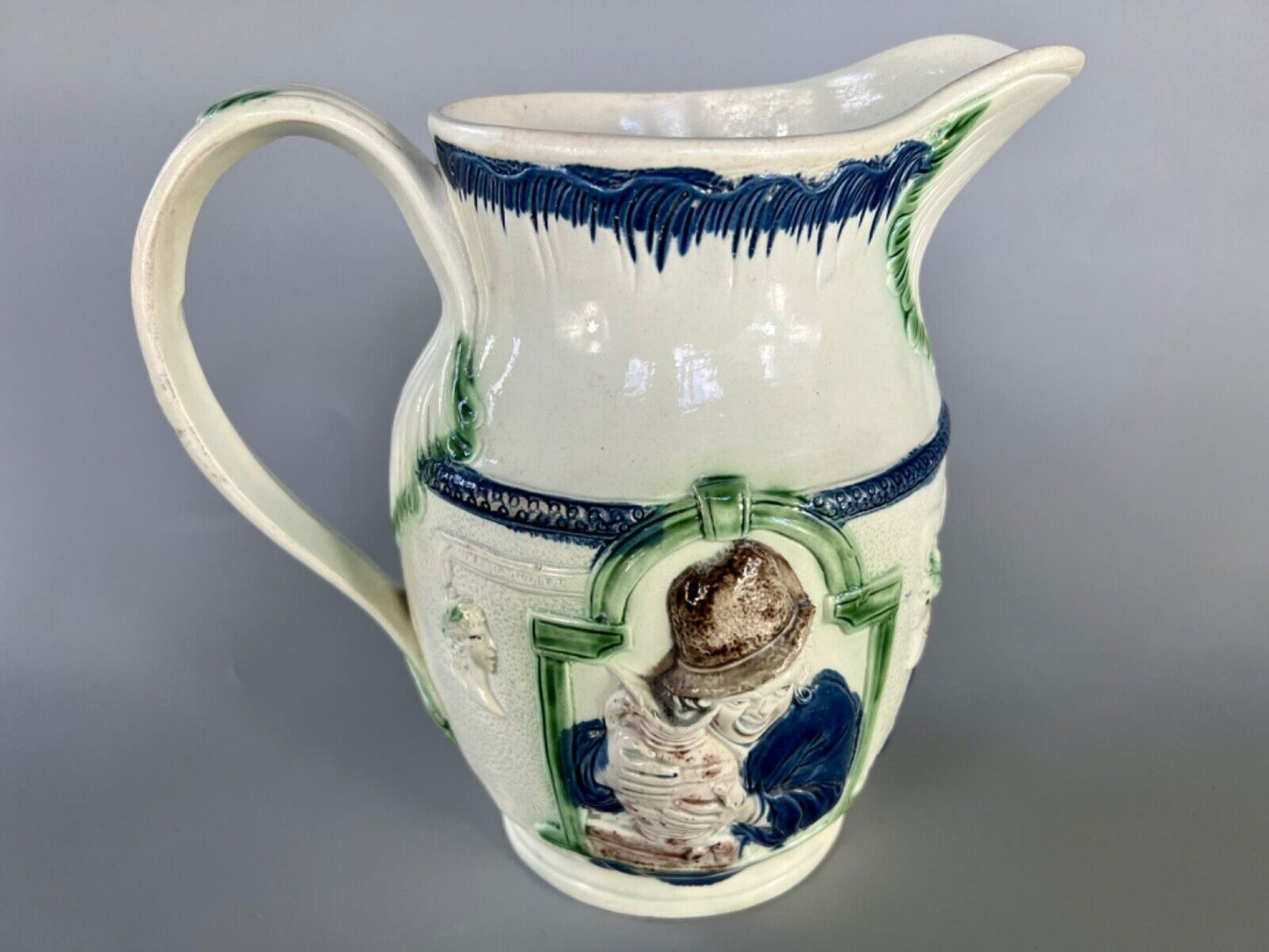 A c1790 Shakespear-Miser-Spendthrift jug in high temperature 'Pratt' colours