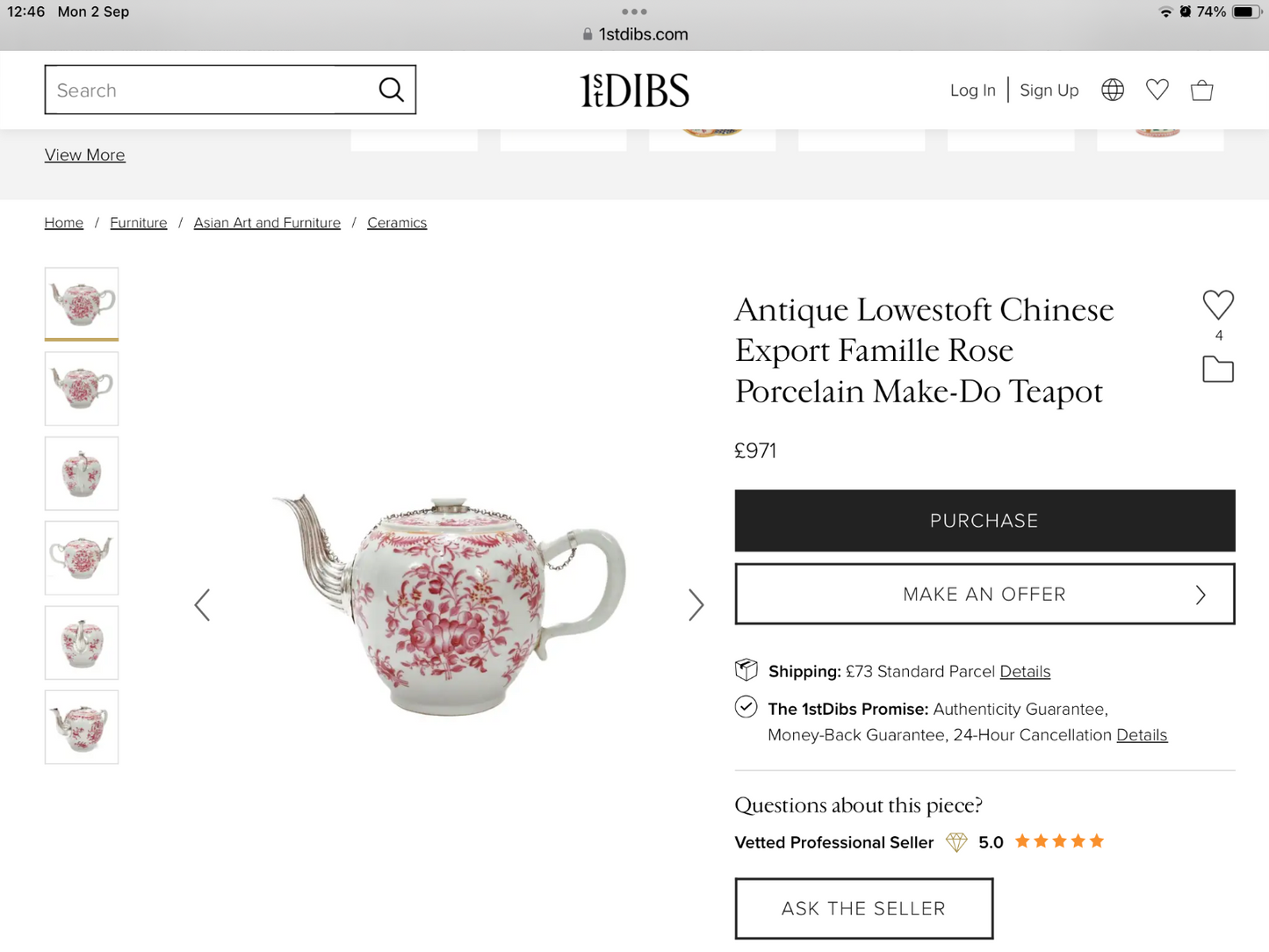An 18thc Qianlong Period Chinese famille rose teapot painted with puce flowers
