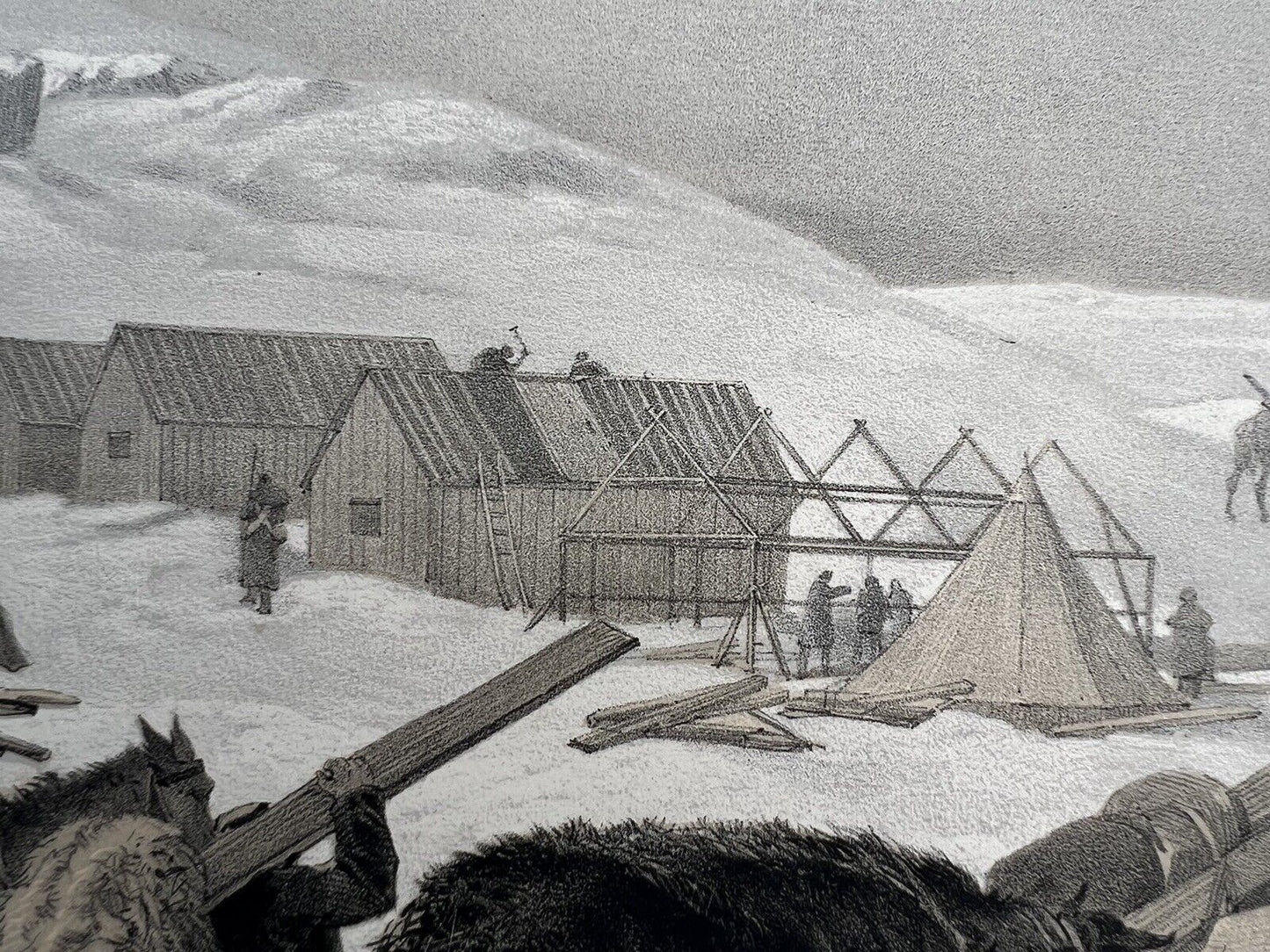 1855 VICTORIAN PRINT COLNAGHI WILLIAM SIMPSON "HUTS AND WARM CLOTHING" CRIMEAN