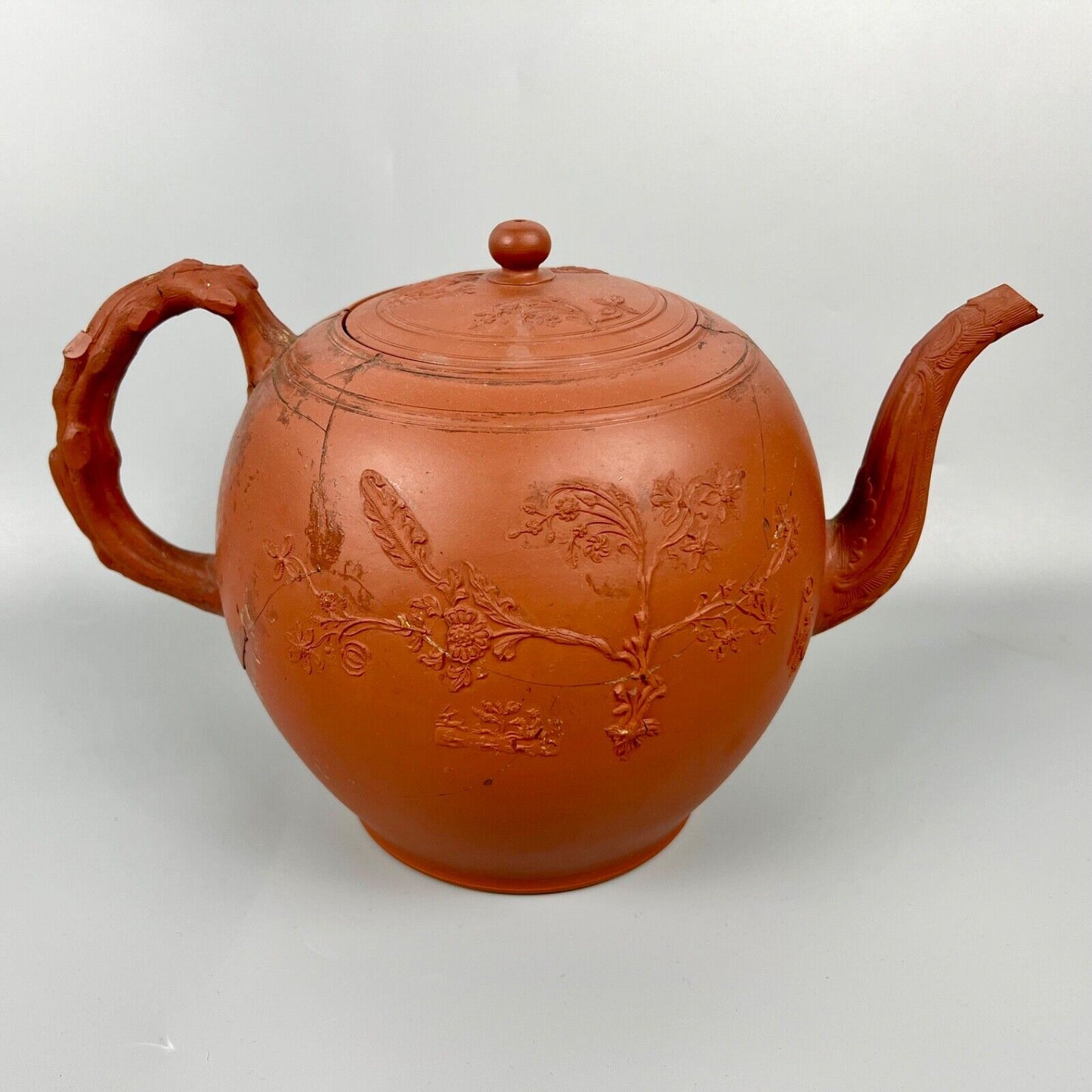 A very large Staffordshire redware punch pot with sprigged decoration c.1760