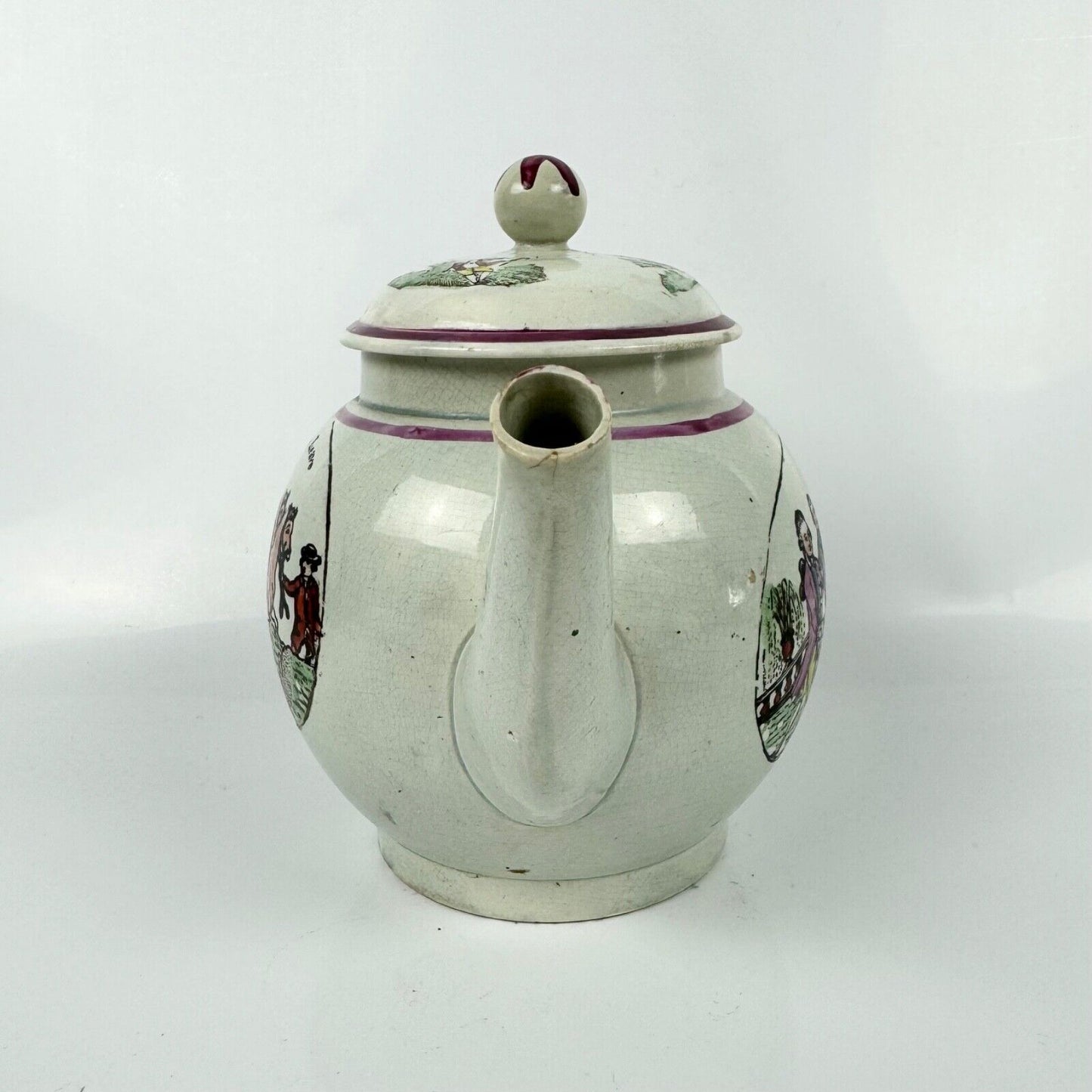 A Staffordshire c1790 " Prodigal Son" pearlware globular teapot.
