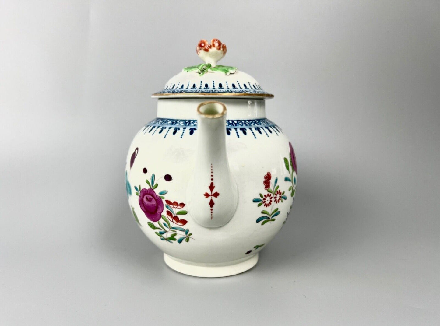 A Worcester polychrome teapot in a Harvest Bug variant pattern. c.1770
