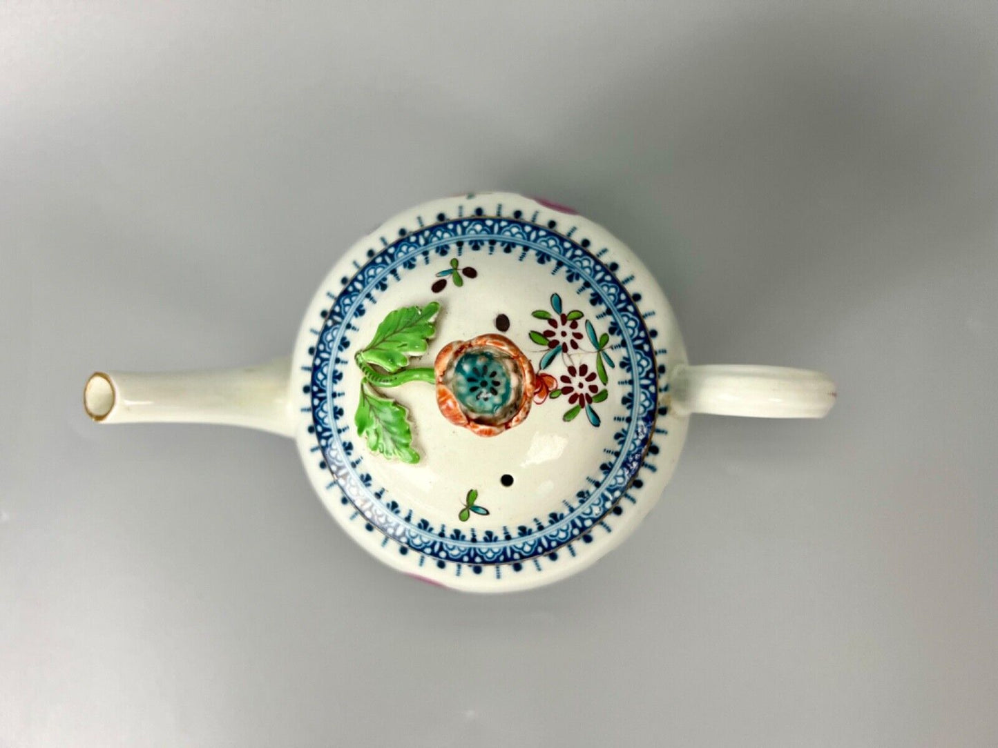 A Worcester polychrome teapot in a Harvest Bug variant pattern. c.1770