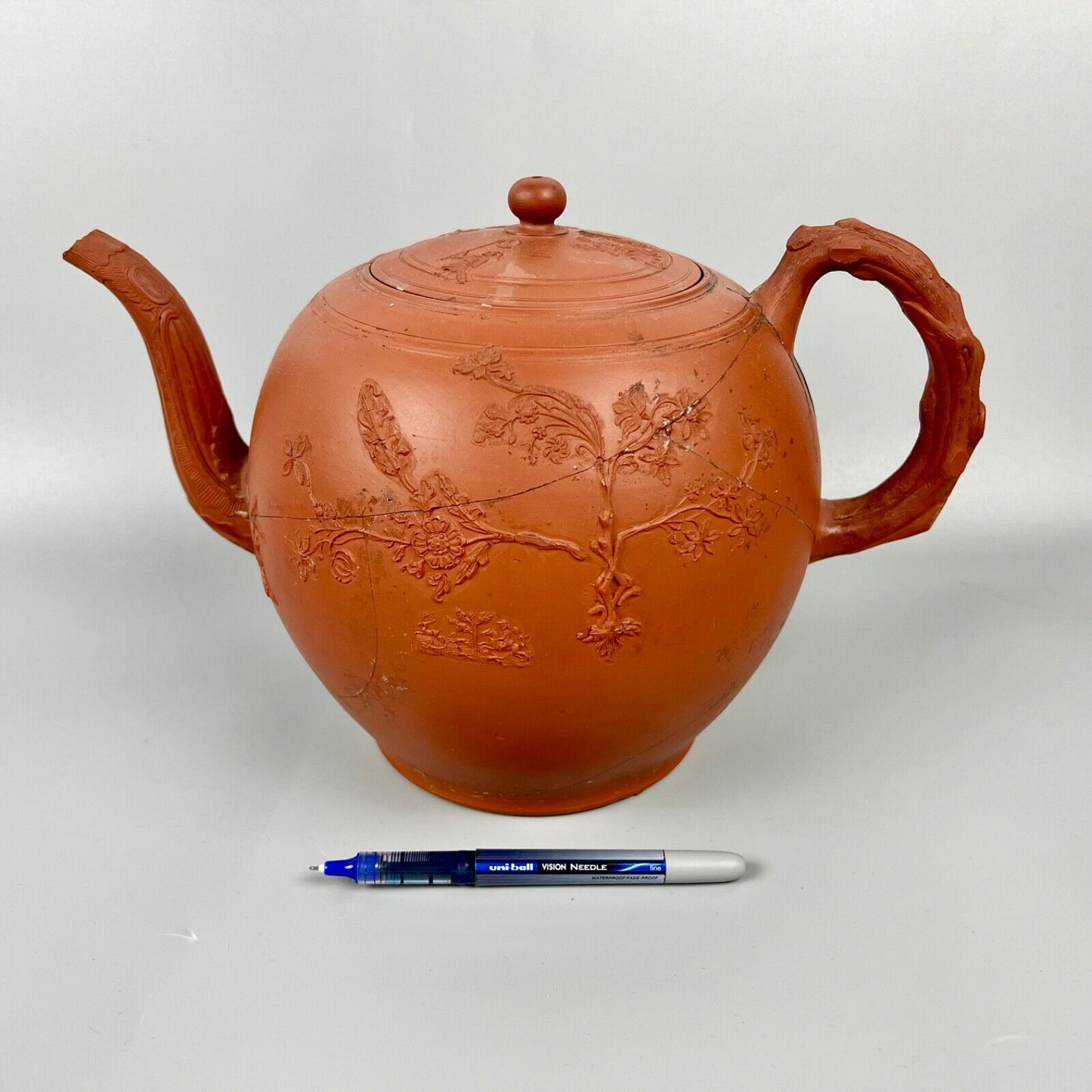 A very large Staffordshire redware punch pot with sprigged decoration c.1760