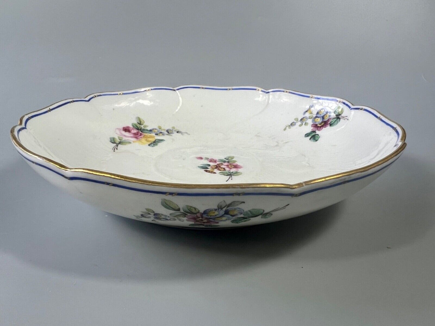 An 18thc. Sèvres lotus-moulded dish, compotier rond, flower sprays, c1762-70