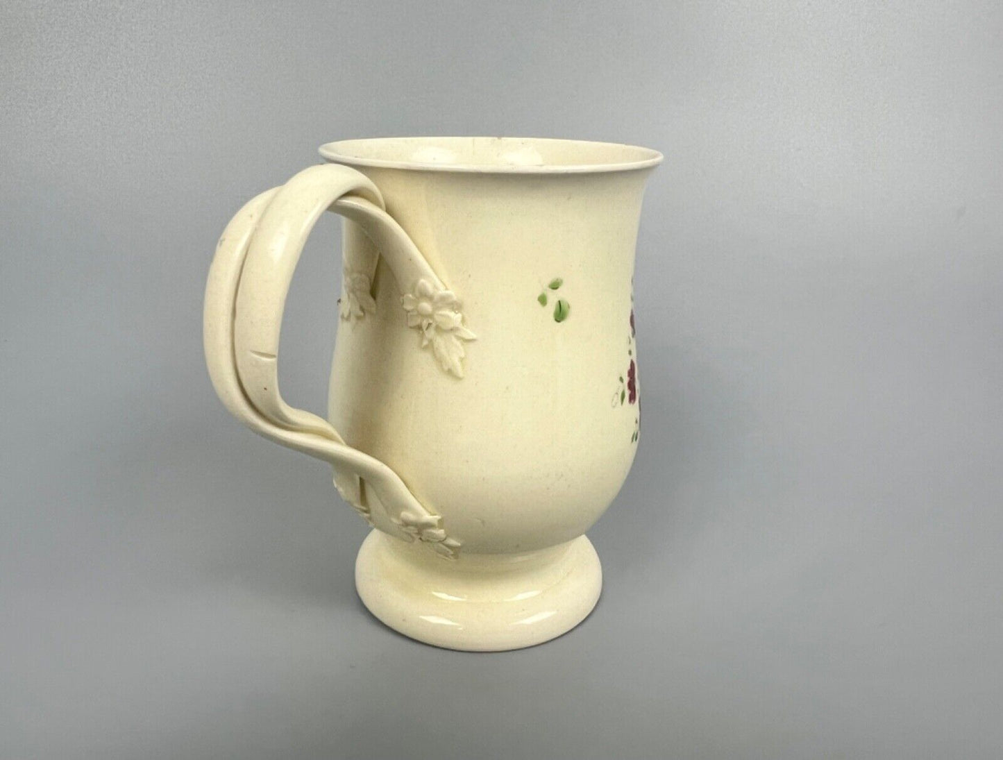 A rare Cockpit Hill Derby floral-painted creamware mug c.1770-5. Ex-Tom Wallford