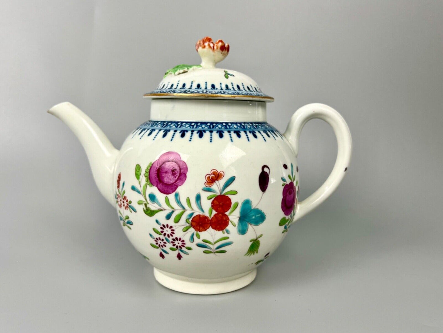 A Worcester polychrome teapot in a Harvest Bug variant pattern. c.1770