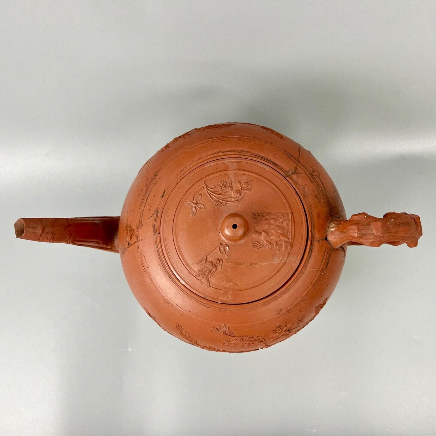 A very large Staffordshire redware punch pot with sprigged decoration c.1760
