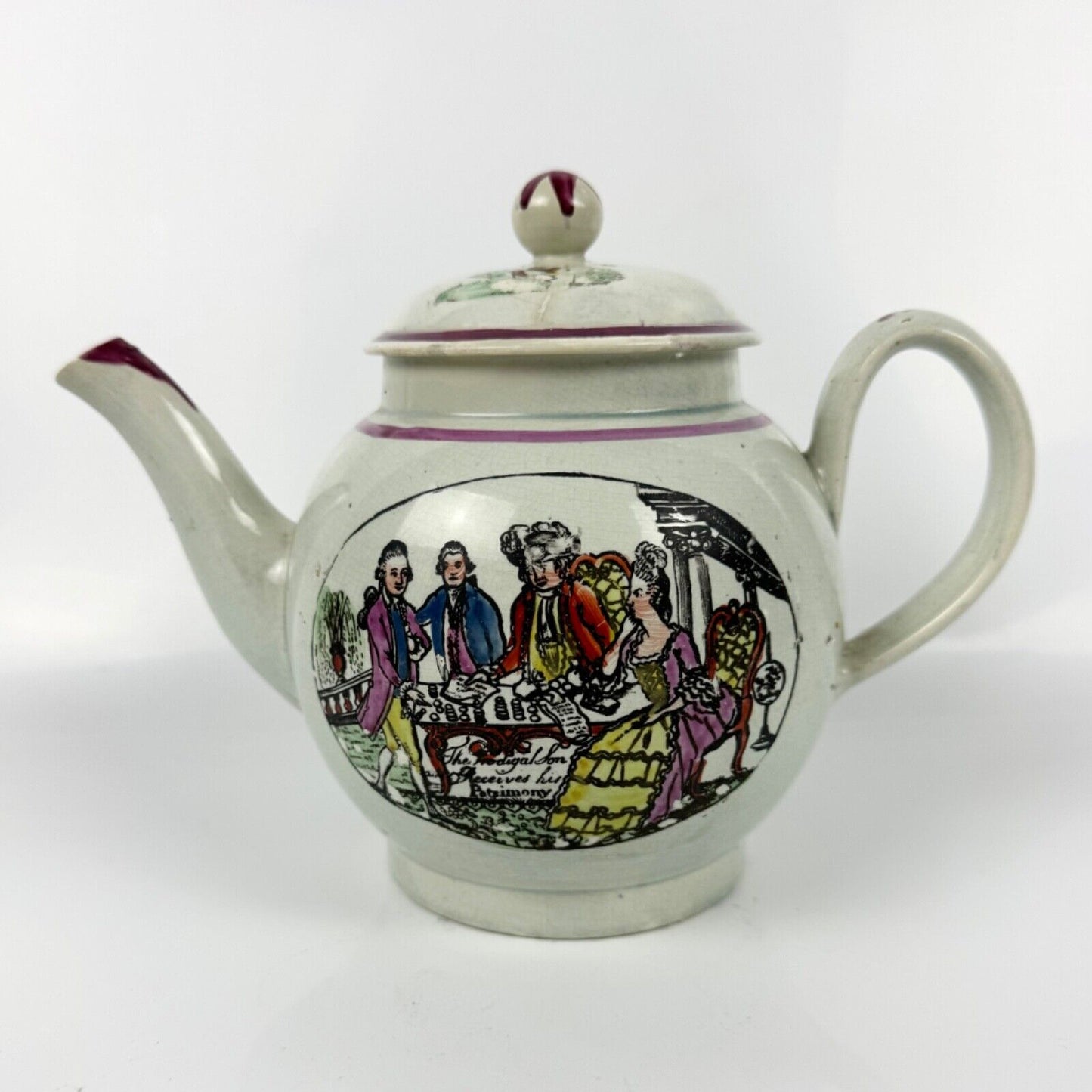 A Staffordshire c1790 " Prodigal Son" pearlware globular teapot.