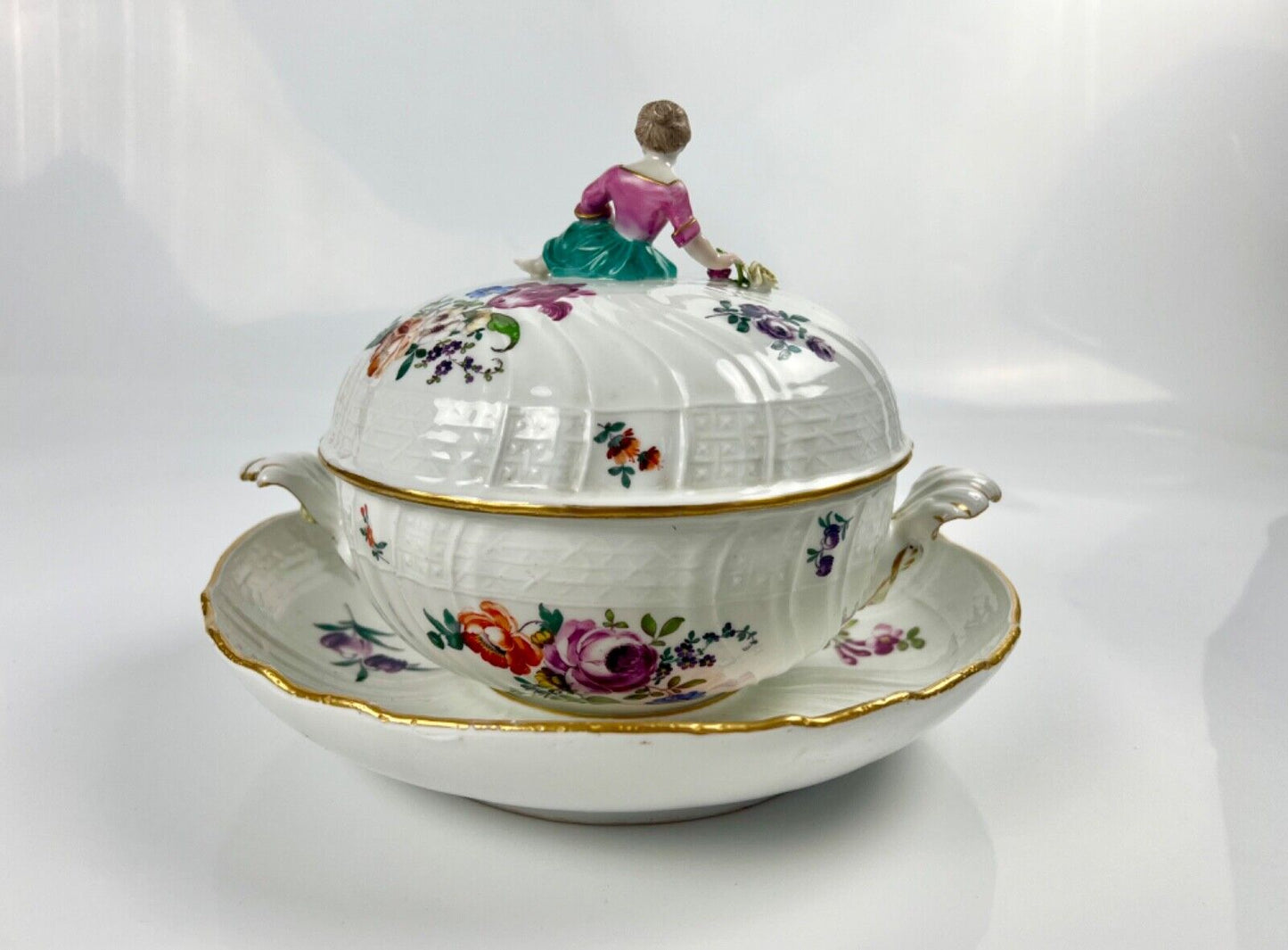 A Meissen Academic Dot Period figural and asparagus handled moulded tureen c1770