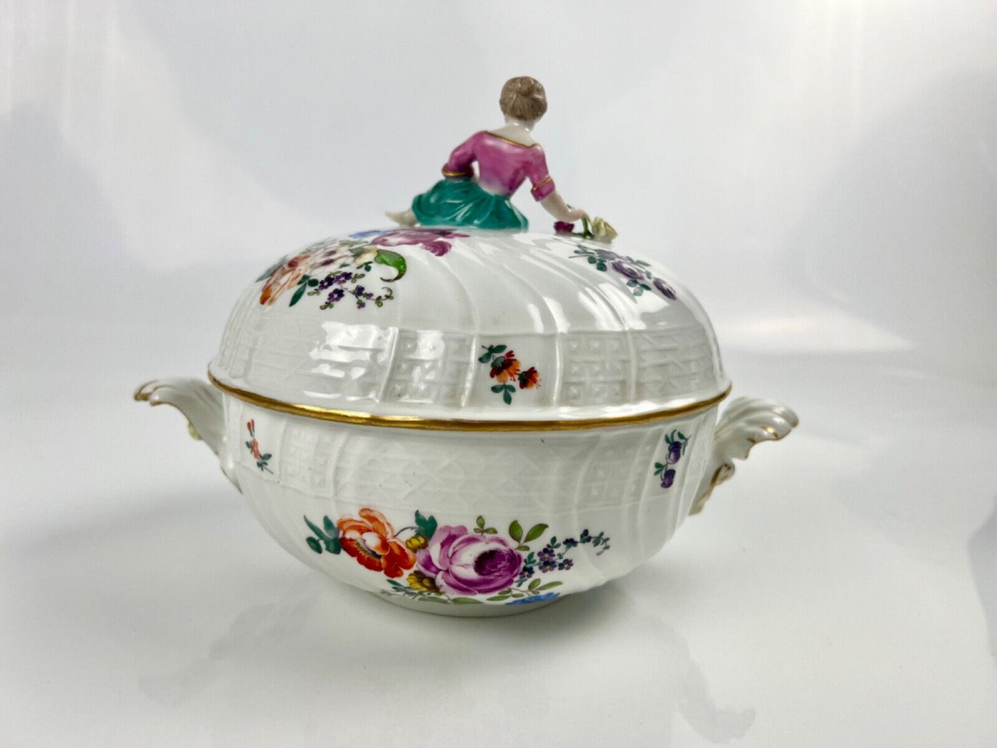 A Meissen Academic Dot Period figural and asparagus handled moulded tureen c1770