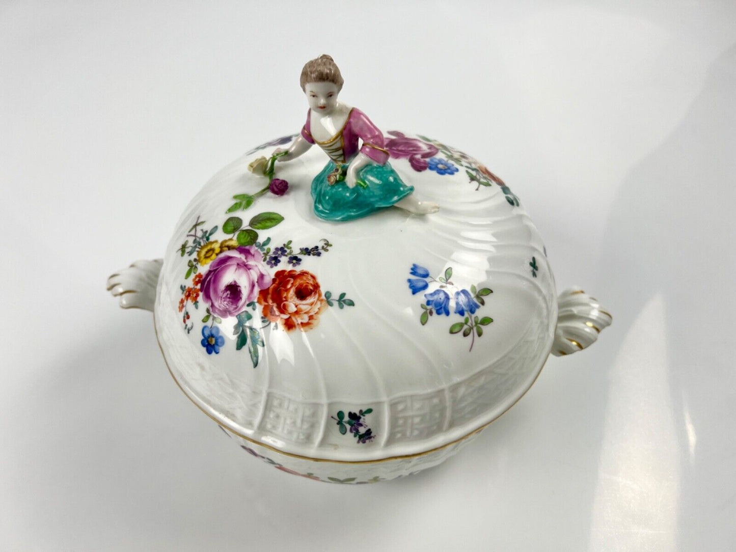 A Meissen Academic Dot Period figural and asparagus handled moulded tureen c1770