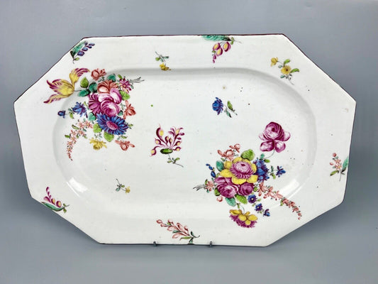 A superb & large Bow platter c.1758 painted with large flower sprays & brown rim