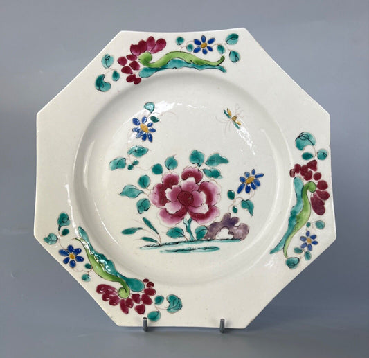 A mid 18thc Bow porcelain octagonal plate in famille rose style c.1752-1755
