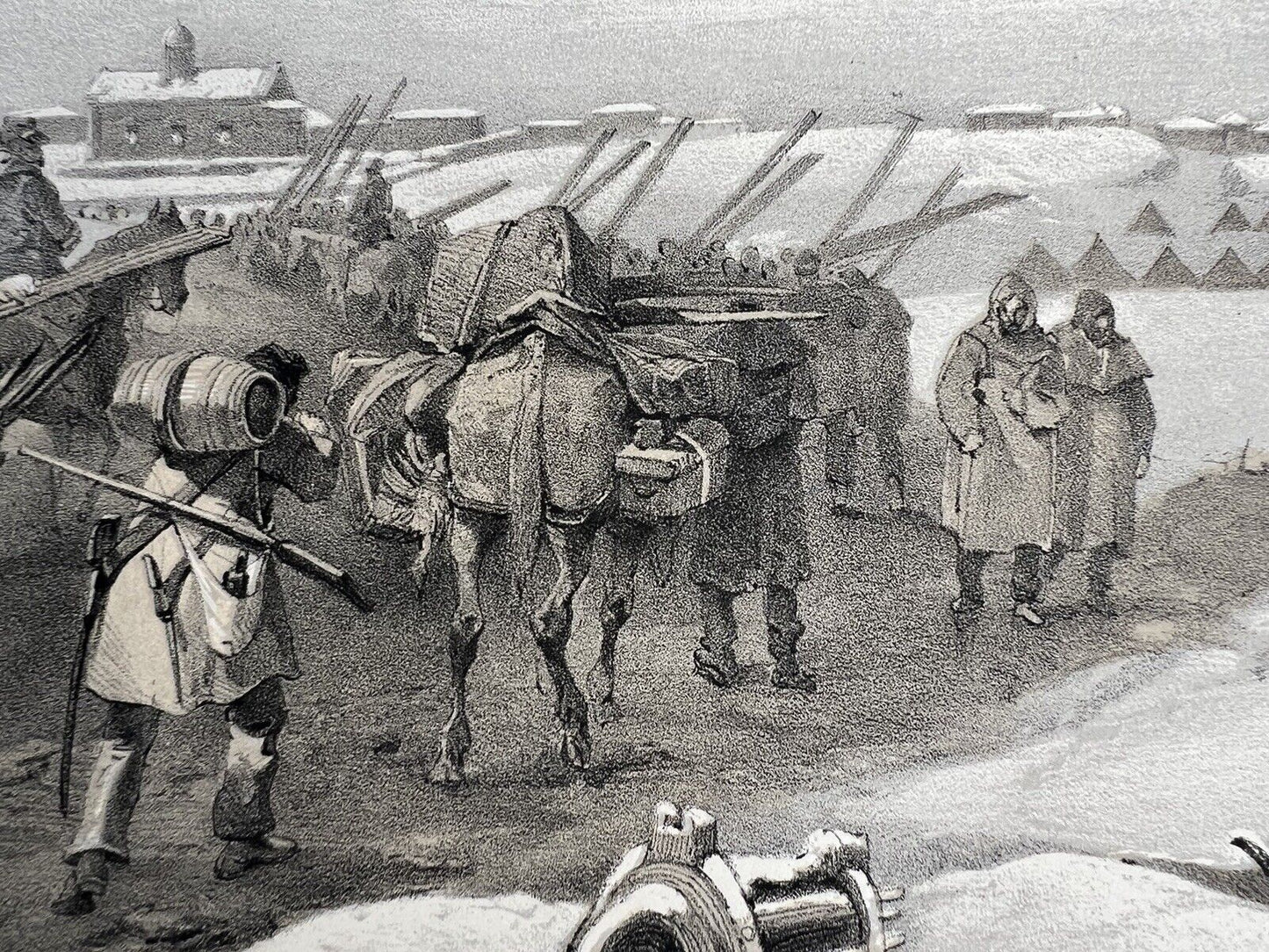 1855 VICTORIAN PRINT COLNAGHI WILLIAM SIMPSON "HUTS AND WARM CLOTHING" CRIMEAN