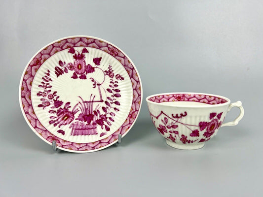 A rare Worcester reeded teacup and saucer painted in Meissen style. c.1772