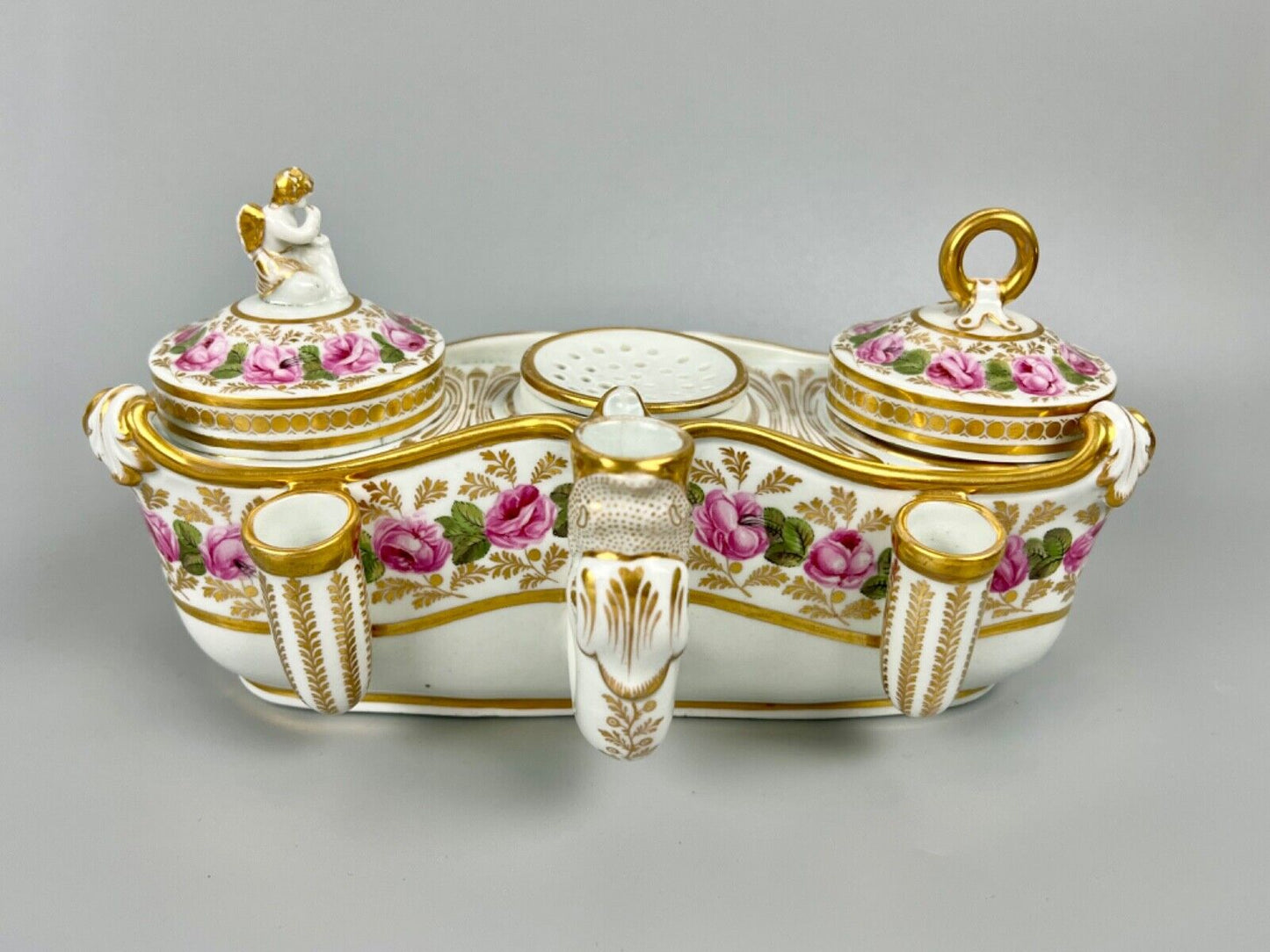 A Flight, Barr & Barr, Worcester, inkstand painted with roses c.1810-3