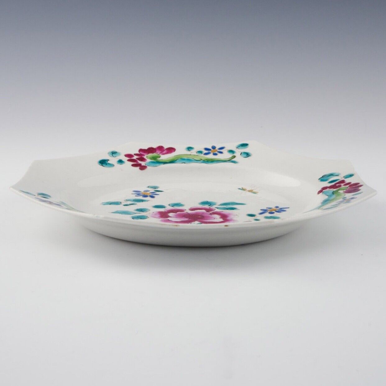 A mid 18thc Bow porcelain octagonal plate in famille rose style c.1752-1755