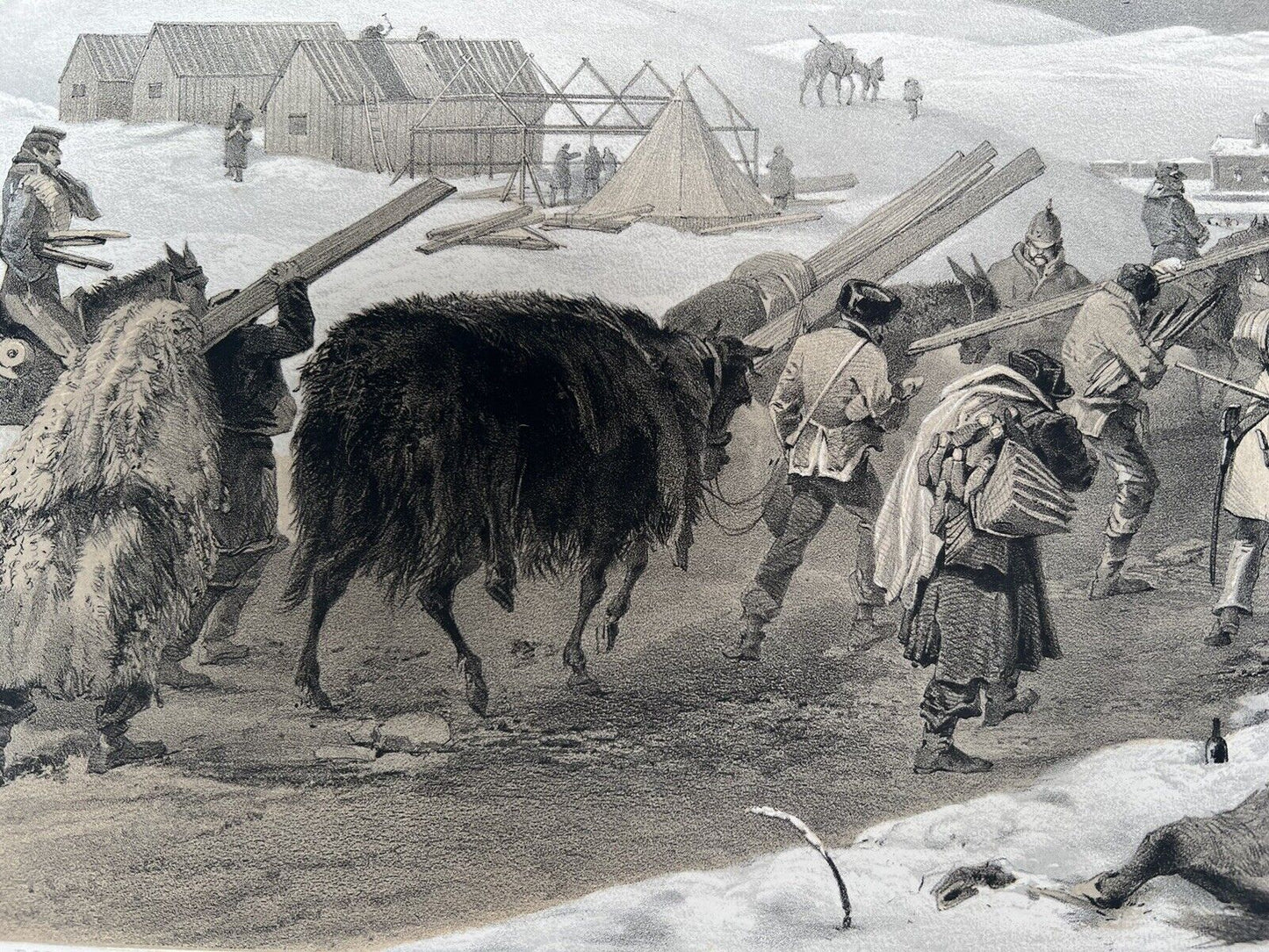 1855 VICTORIAN PRINT COLNAGHI WILLIAM SIMPSON "HUTS AND WARM CLOTHING" CRIMEAN