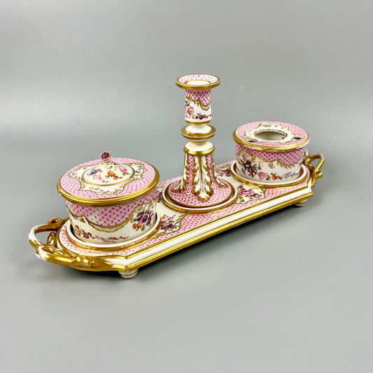 A fine Derby inkset painted with pink scale and floral swag decoration c.1820