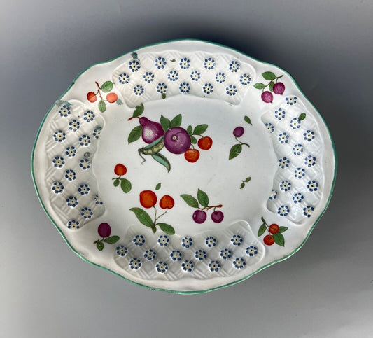 Chelsea Red Anchor basketweave & flowerhead moulded fruit painted dish c.1755-60