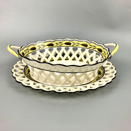 Ex-Bowes Museum Davenport enamelled creamware basket and cover.  c.1805