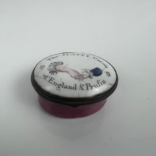 A rare Bilston enamel patch box celebrating the Anglo-Prussian Union. c.1788