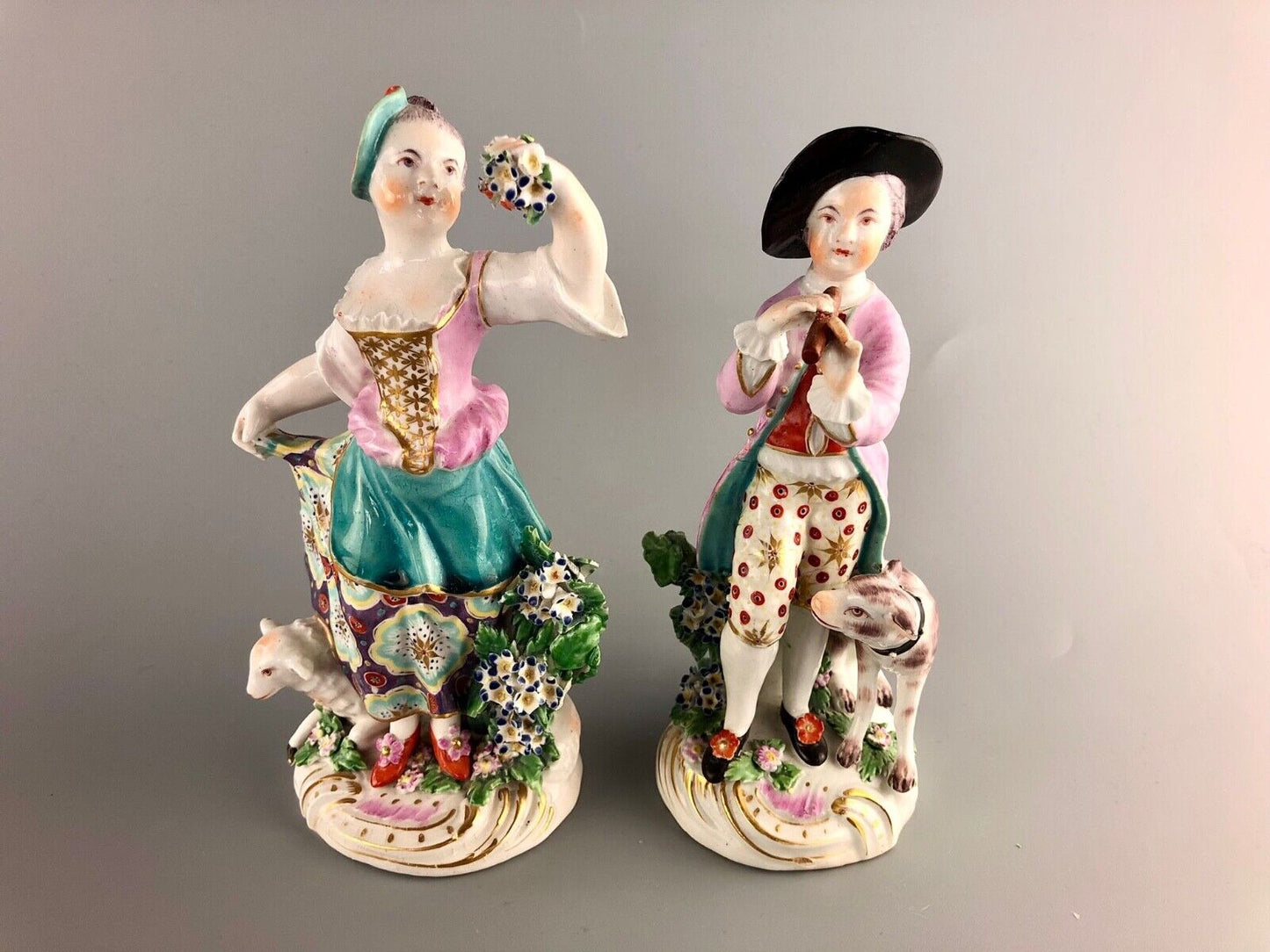 Chelsea Derby Porcelain Figures of Shepherd and Shepherdess c1775
