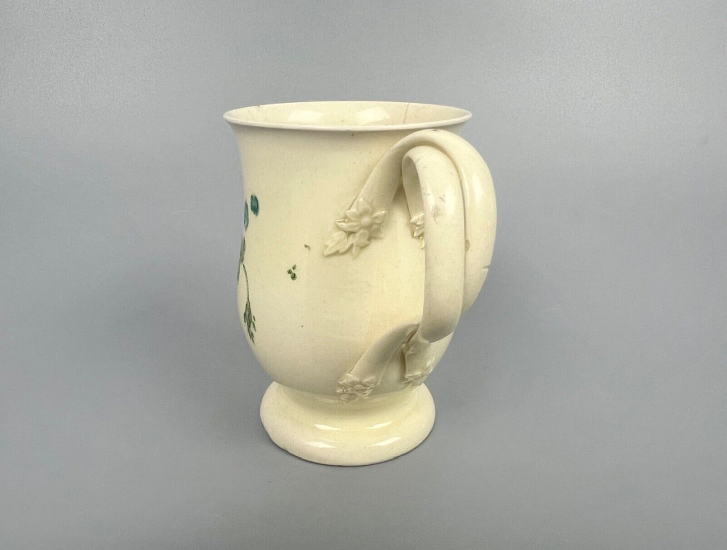 A rare Cockpit Hill Derby floral-painted creamware mug c.1770-5. Ex-Tom Wallford