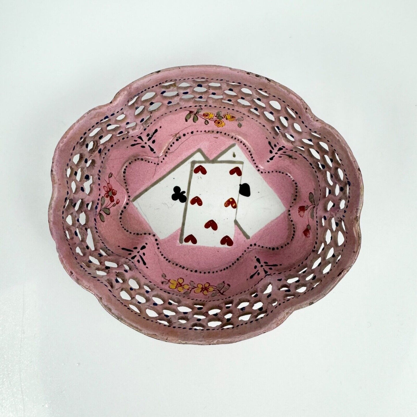 A Bilston lattice edge enamel quadrille/gaming dish c.1780