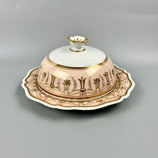 Barr Flight & Barr muffin dish with rich gilt decoration on salmon ground. c1805