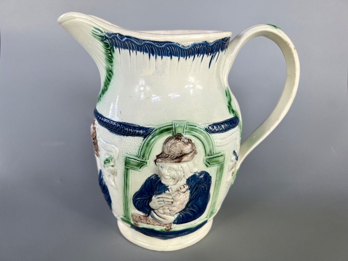 A c1790 Shakespear-Miser-Spendthrift jug in high temperature 'Pratt' colours