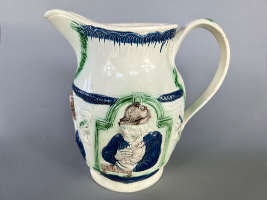 A c1790 Shakespear-Miser-Spendthrift jug in high temperature 'Pratt' colours