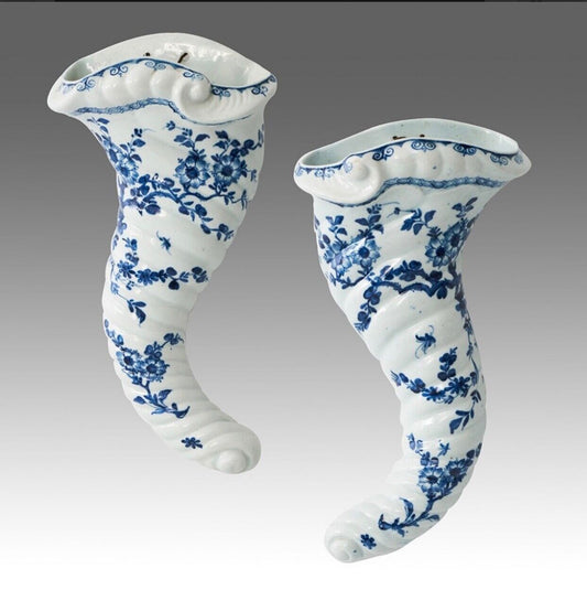 A rare pair of Worcester cornucopia wall pockets c.1760