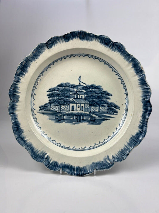 A pearlware plate c1790, painted with a chinoiserie pagoda scene. Leeds/Staffs