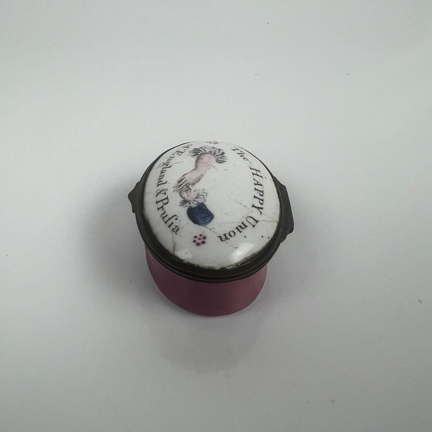 A rare Bilston enamel patch box celebrating the Anglo-Prussian Union. c.1788